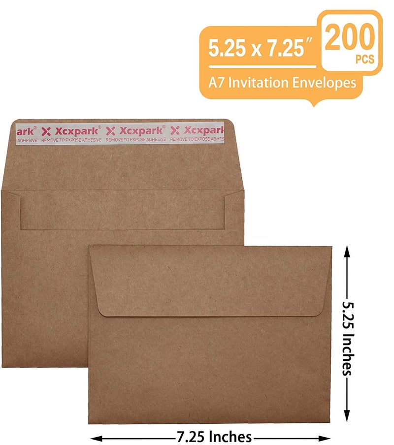 Xxcxpark 200 Qty Printable A7 Invitation Envelopes 5.25 x 7.25, Self Seal 120GSM Brown Kraft Paper Envelopes for Invitations, Papers, Photos, Documents, Wedding, Baby Shower, Easy to Seal - Image 2